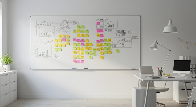 Fototapeta A modern minimalist office with a whiteboard and sticky notes soft natural light