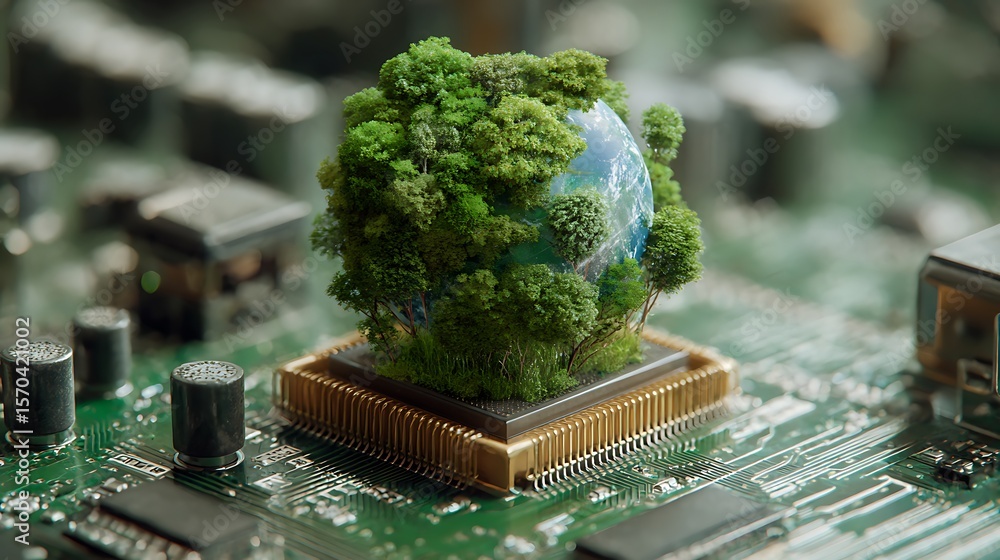 Poster earth globe surrounded by trees on computer chip concept