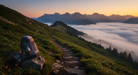 A serene mountain trail with a hikers backpack misty peaks at dawn