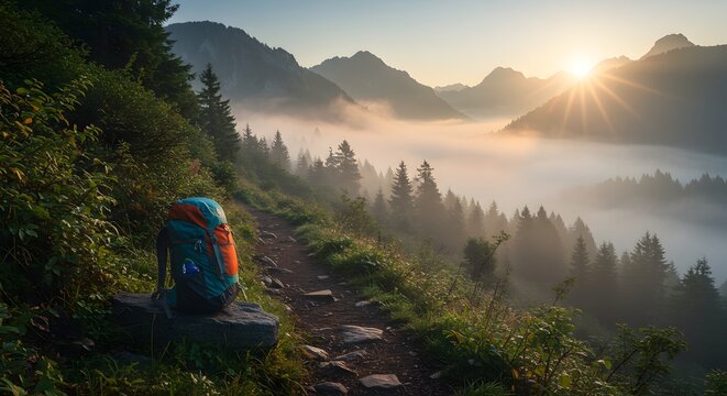 A serene mountain trail with a hikers backpack misty peaks at dawn