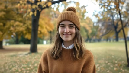 Young woman enjoys autumn in park with colorful leaves and cozy knit hat while sitting peacefully on a sunny day