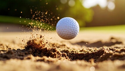 Golf ball in motion striking the hole with dynamic action captured from a sand shot against a clear background