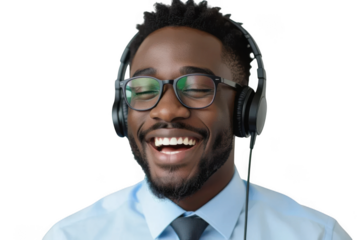Happy man wearing headphones isolated on transparent background