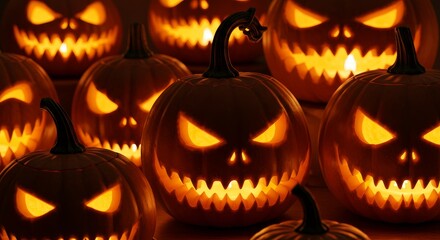 Fototapeta premium Glowing Halloween Pumpkin Heads - Spooky carved pumpkins, illuminated from within, create a haunting Halloween scene. Symbols of autumn, harvest, fear, and celebration. A perfect eerie background