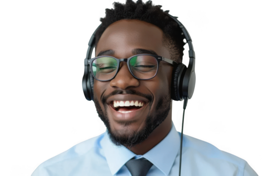 Happy man wearing headphones isolated on transparent background
