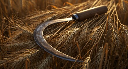 Golden Harvest Sickle - Rustic sickle rests on ripe wheat, symbolizing harvest, agriculture, rural life, hard work, and nature's bounty