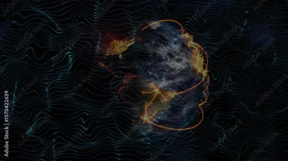 Poster faint sphere materializing into earth orange trails tracing global arcs spiraling and fading grid