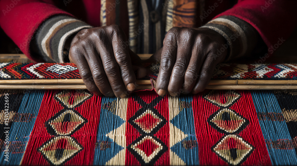 Poster weaver's hands creating symbolic pattern