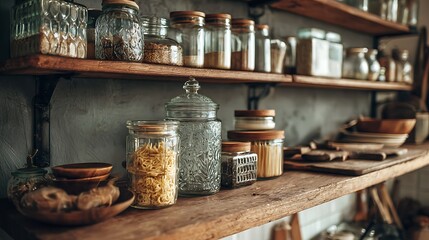 Fototapeta premium Jars on Wooden Shelves with Food Ingredients in Rustic Kitchen