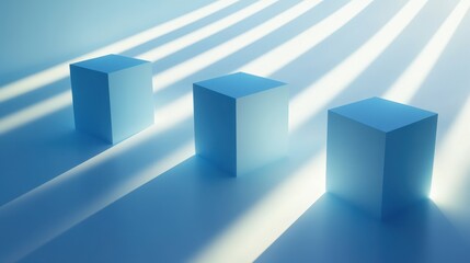 Fototapeta premium Light-drenched display of three light-blue cubes.
