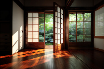 dramatic midday shadows in japanese traditional hall