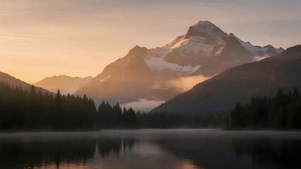 Fototapeta premium A serene view of a crystal-clear mountain lake bathed in golden morning light, reflecting the surrounding snowy peaks. The gentle mist and calm water create a tranquil, meditative atmosphere