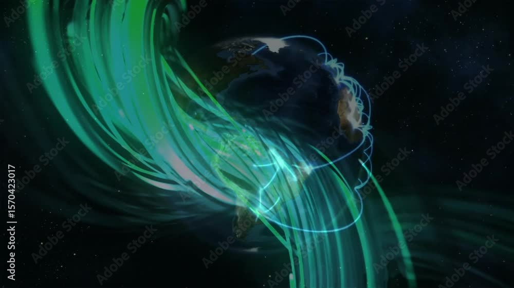 Poster spinning earth globe sending white arcs and green streams intertwining into ribbon visualizing data