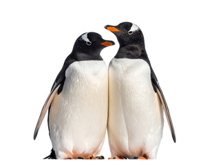 Fototapeta premium Two Penguins Huddling Together in Antarctic Blizzard, isolated on a transparent background