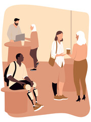 Group of diverse individuals interacting in a cozy cafe setting, showcasing a warm atmosphere with drinks, conversations, and a sense of community and connection