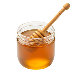 Fresh Sweet Honey in Glass Jar with Wooden Honey Dipper &ndash; Natural Food and Healthy Sweetener, Isolated on White or Transparent Background