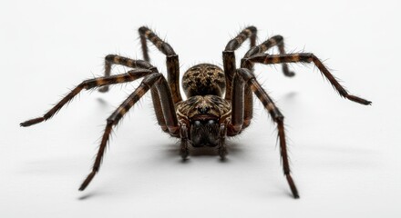 Large Brown Spider on White Background - A detailed close-up of a large brown and black spider on a pure white background. Symbolizing nature, detail, arachnids, creepy crawlies, and wildlife