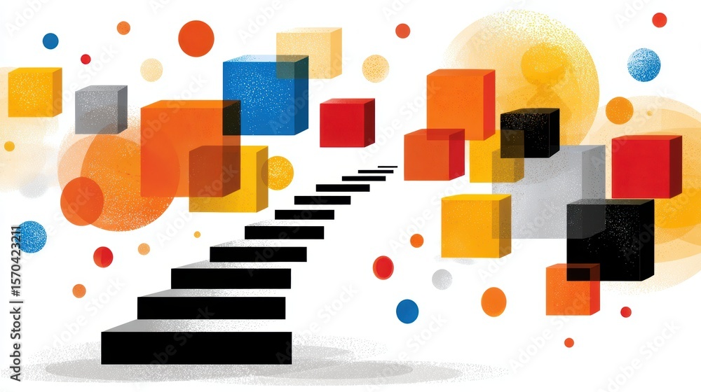 Poster vibrant staircase with colorful square and dot patterns, a modern design fusion of playful geometry 