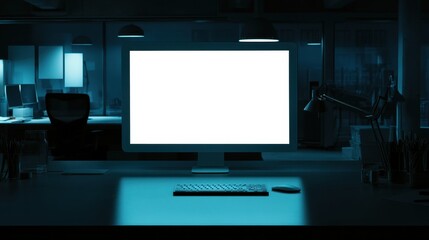 Naklejka premium Empty computer screen in a dark office workspace.