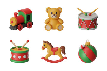 Obraz premium Six Festive Christmas Toy Icons Set Red Green Yellow Toy Train Teddy Bear Rocking Horse Drum Ornament Isolate on White Transparent PNG Backgrounds Cutout Clipping Path Social Media