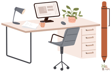 Office desk with computer monitor, swivel chair, desk lamp, potted plant, coffee cup, papers, drawer cabinet, and oversized pen. Ideal for productivity creativity office setup organization modern