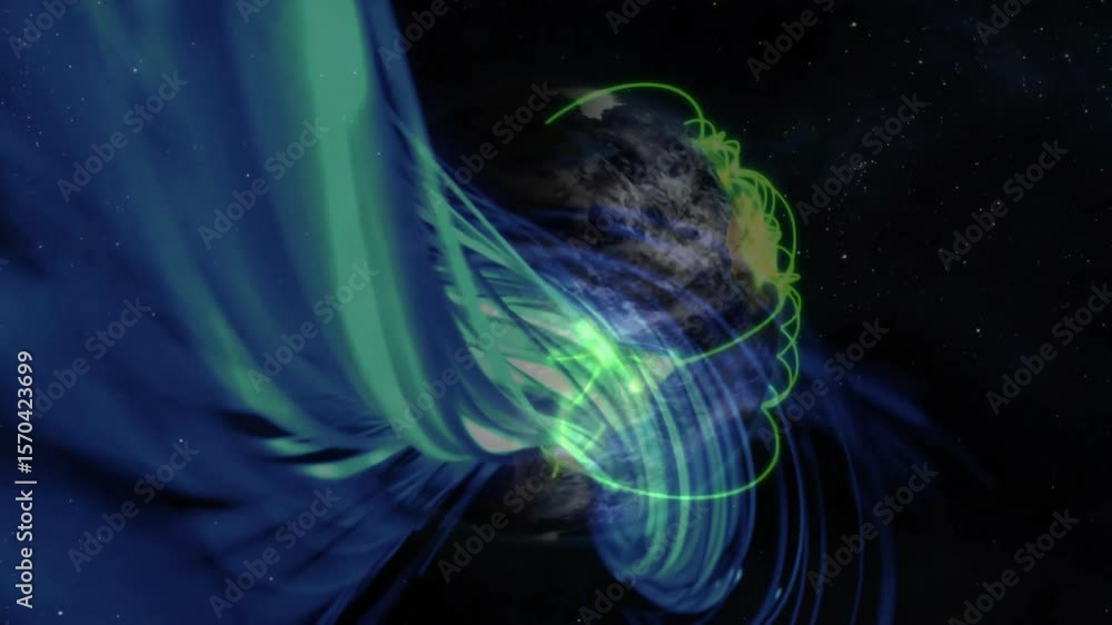 Poster sunrise lighting earth sparking green loops tracing links and blue arcs swirling showing power flow
