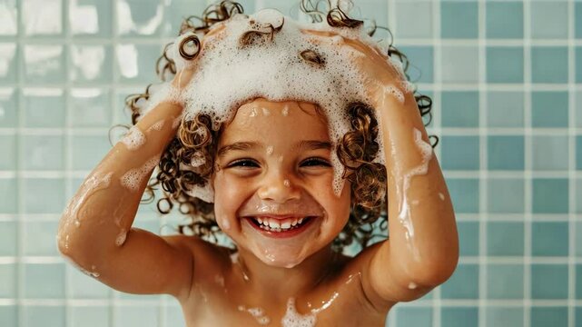 A joyful child playing with bubbles during bath time.