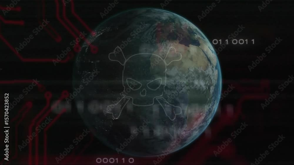 Poster at start rotating 3d earth sliding red circuitry, skull appearing scrolling code showing cyber risk