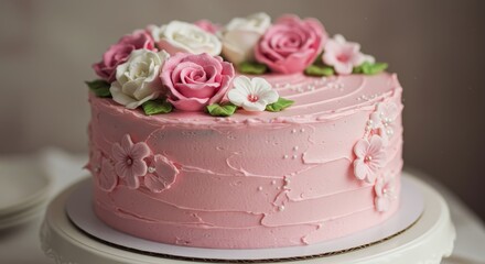 Naklejka premium Pink Floral Cake Delight - Elegant pink cake adorned with delicate buttercream flowers, perfect for celebrations