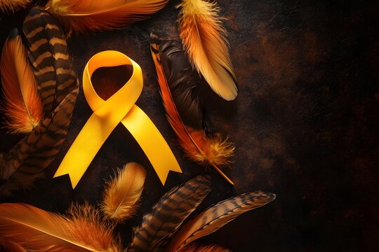 Yellow awareness ribbon with colorful feathers against a rustic dark brown background emphasizing hope and support for causes