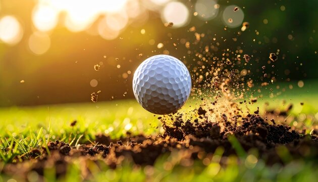 Golf ball soaring mid-air hitting the ground surrounded by flying dirt and grass in an exciting moment of action