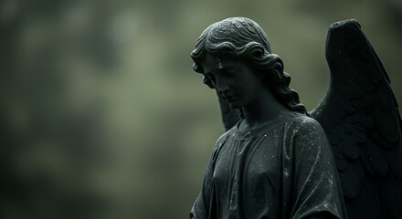 Mysterious angel statue in a cemetery, evoking a sense of melancholy and peace