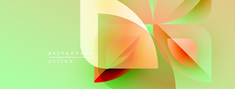 Abstract geometric shapes overlap, creating vibrant color gradients. Light green background complements warm orange, yellow hues. Modern design element.