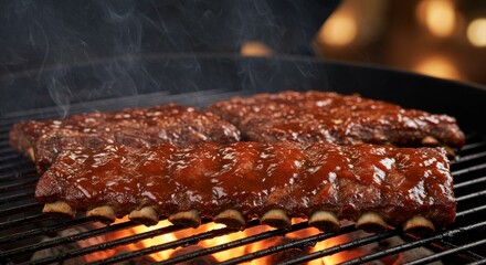 Sizzling BBQ Ribs on the Grill - Juicy, tender ribs basted with smoky barbecue sauce, grilling over glowing embers, creating a mouthwatering culinary experience.