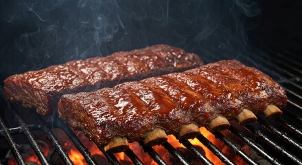 Smoked Beef Short Ribs Grilling - Juicy, smoky beef short ribs grilling on a hot barbecue, perfect for a summer feast. Represents deliciousness, grilling, summer, BBQ, and savory flavor