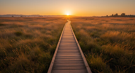 Pathway to Serenity: Wooden Walkway Leading Towards a Golden Sunset in a Meadow