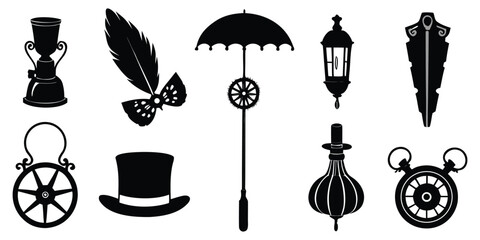 Vintage Victorian Steampunk Elements Silhouette Vector Illustration Icon Clipart