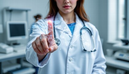 Young female doctor in white coat interacting with digital interface, healthcare technology concept, medical innovation, futuristic healthcare experience