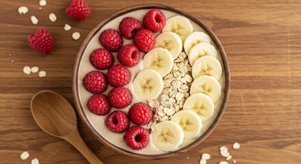 Delicious smoothie bowl with fresh raspberries, sliced bananas, and oats on wooden table