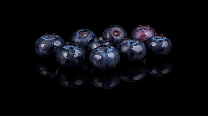 Cluster of blueberries resting on a dark reflective surface with dewdrops and soft lighting from above casting subtle shadows and giving a modern dramatic feel to the image