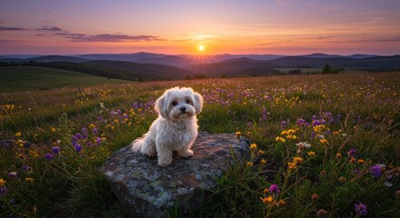 Sunset Meadow Dog - Adorable fluffy white dog sits on a rock in a field of wildflowers at sunset. Serene landscape