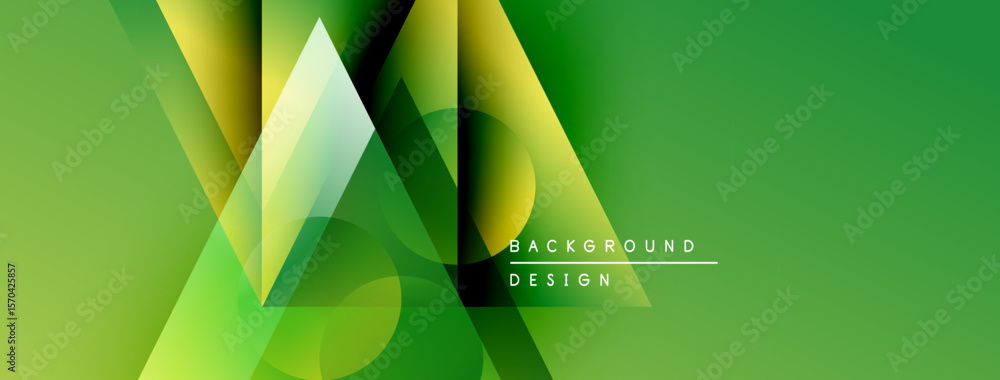 Poster abstract geometric shapes overlap, creating vibrant green gradient background. modern design element