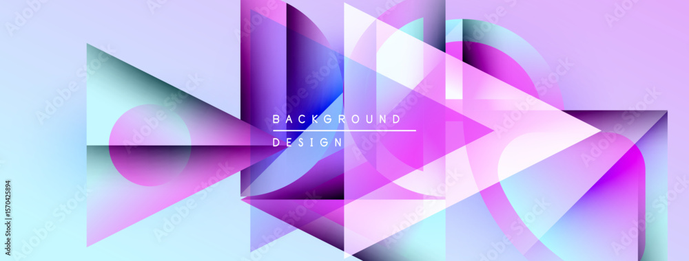 Poster abstract geometric shapes overlap, creating vibrant purple, blue gradients. text reads background de