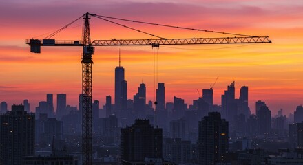 Urban Construction at Sunset - Silhouette of a crane against a vibrant sunset cityscape, symbolizing growth, progress, development, ambition, and the future of urban living