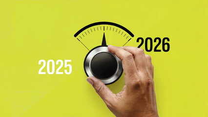 Hand turning a dial from 2025 to 2026 symbolizing the transition to the new year and future planning