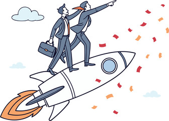 Businessmen riding rocket with confetti and clouds flying pointing