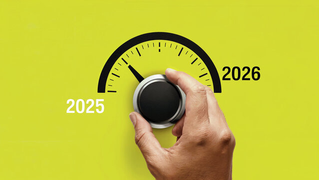 Hand turning a dial from 2025 to 2026 symbolizing progress change and the transition to the next year