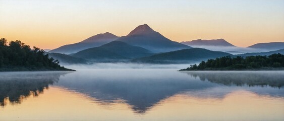Obraz premium Sunrise Over Calm River With Fog Rolling Above Mountain Peaks