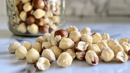 Cluster of hazelnuts with cracked shells showing the nutty interior scattered across a kitchen...