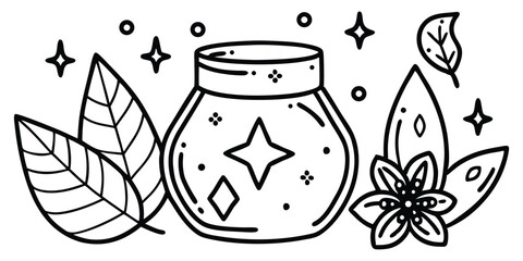 Mystical Potion Jar Doodle Set With Crystals Leave Vector